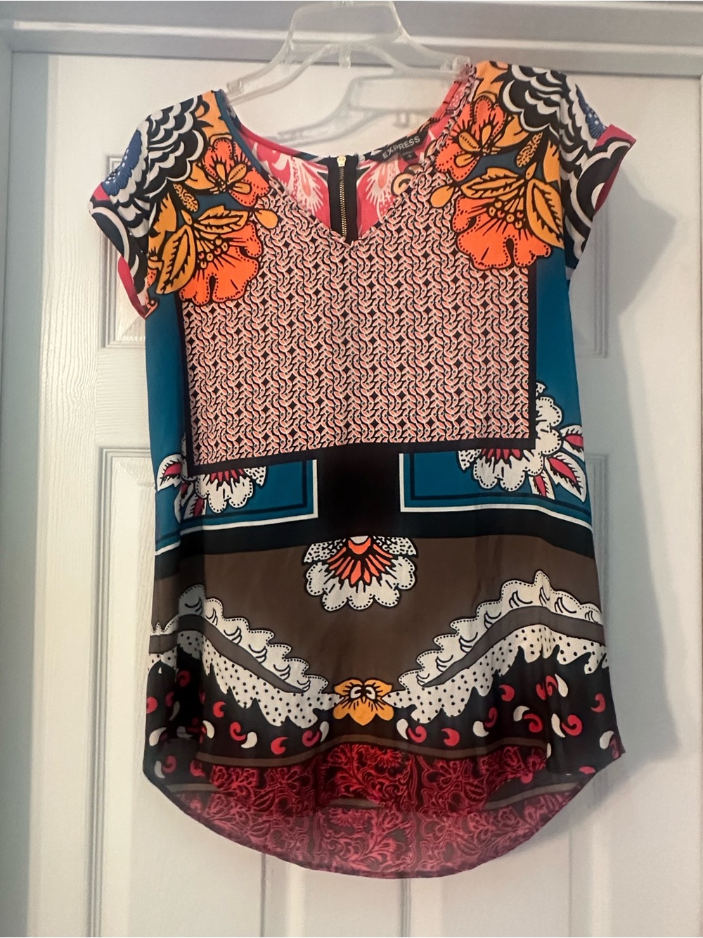 Express Multicolor Floral Print Short Sleeve Blouse - Blue/Orange